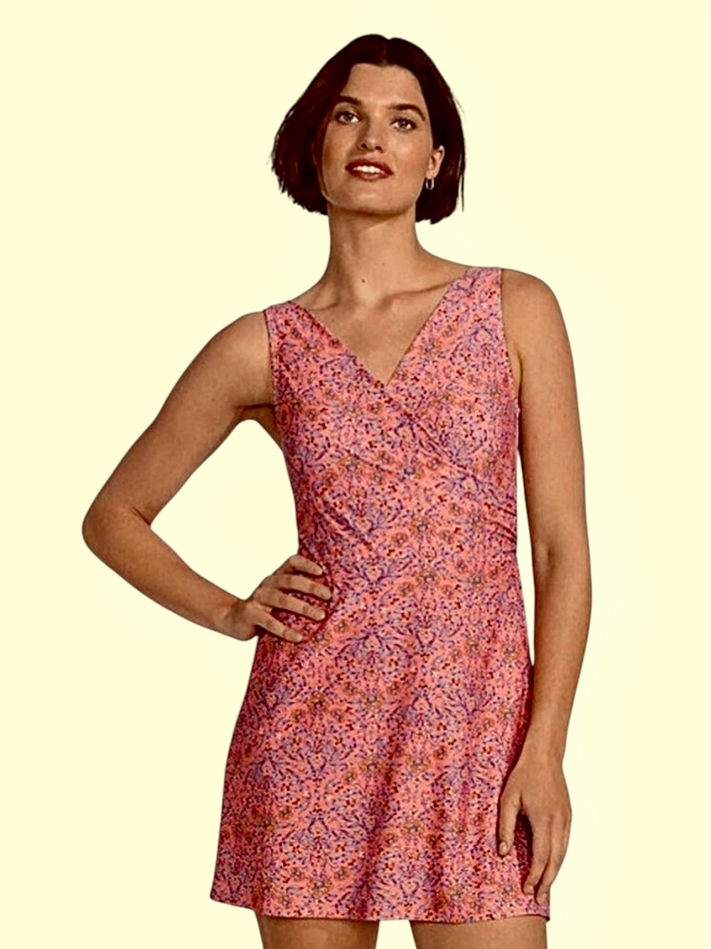 Lands' End One-Piece Swim Dress Surplice Tummy Control XL (18) Coral New